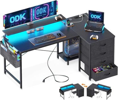 L-förmiger Gaming-Schreibtisch mit Stoff-Schubladen, USB-Anschlüssen