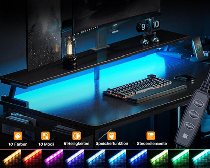 ODK Eckschreibtisch 140x80cm LED Gaming Tisch Schwarz