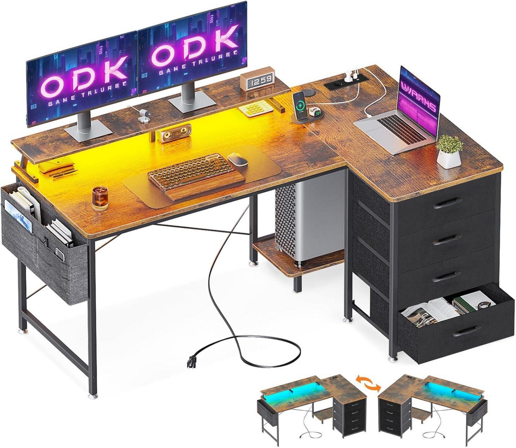 Eckschreibtisch mit Stoff Schubladen und USB-Ladeanschluss, Gaming