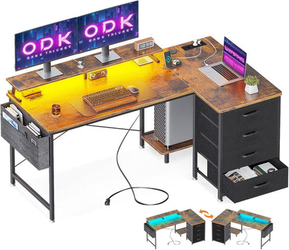 Eckschreibtisch mit Stoff Schubladen und USB-Ladeanschluss, Gaming