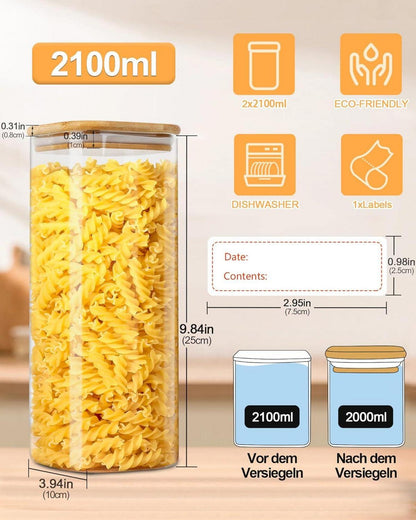 Vorratsdosen Glas Eckig 2er Set 2100ml mit Bambusdeckel