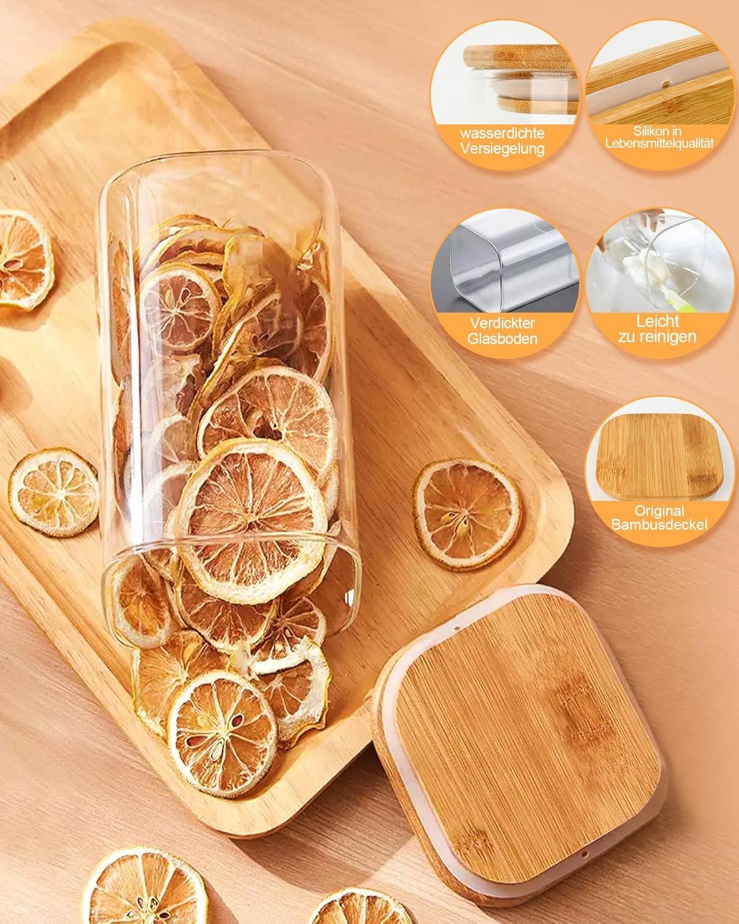 Vorratsdosen Glas Eckig Set 2er 2100ml Bambusdeckel Luftdicht