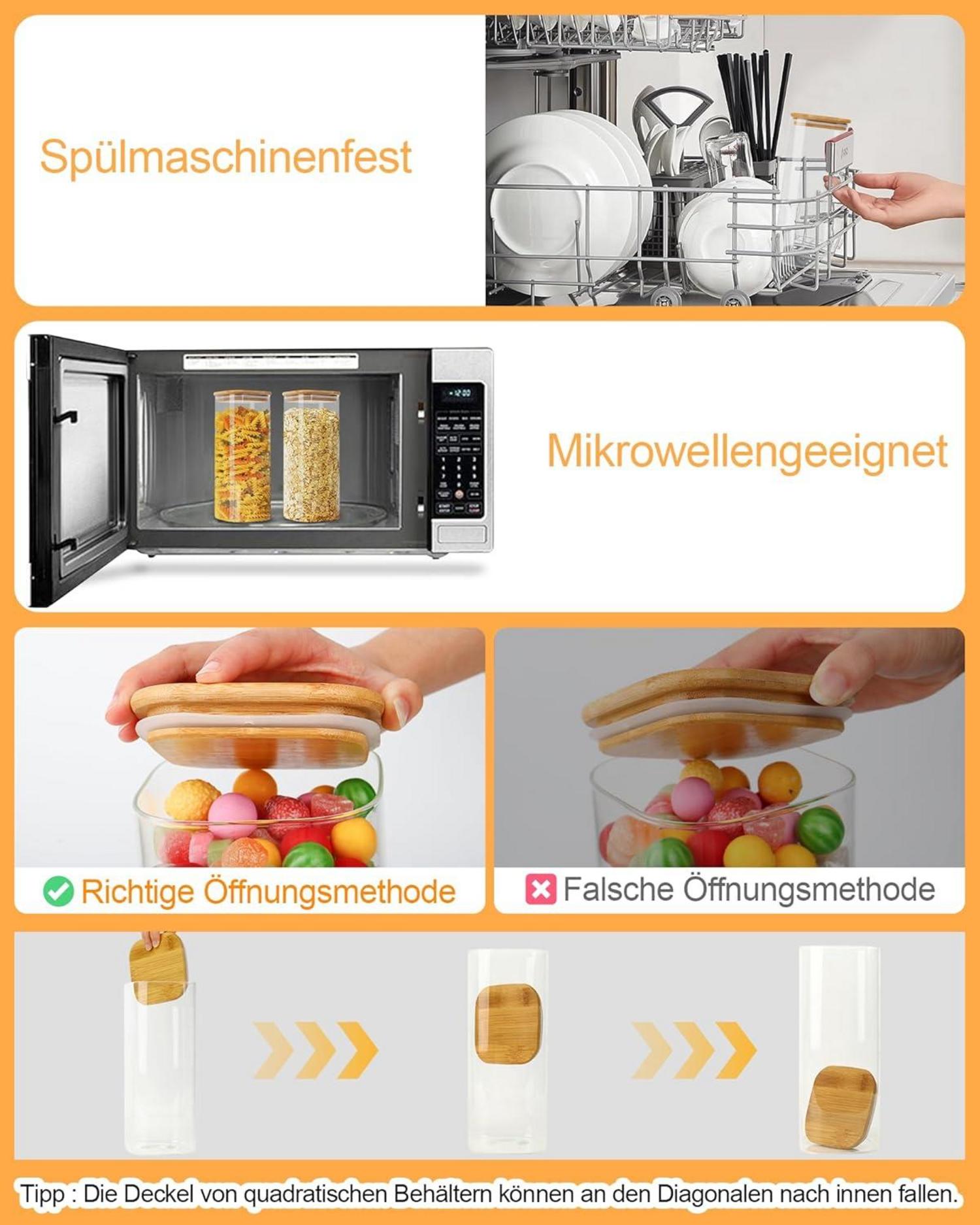 Glas Vorratsdosen Eckig 2er Set mit Bambusdeckel 2100ml Borosilikatglas