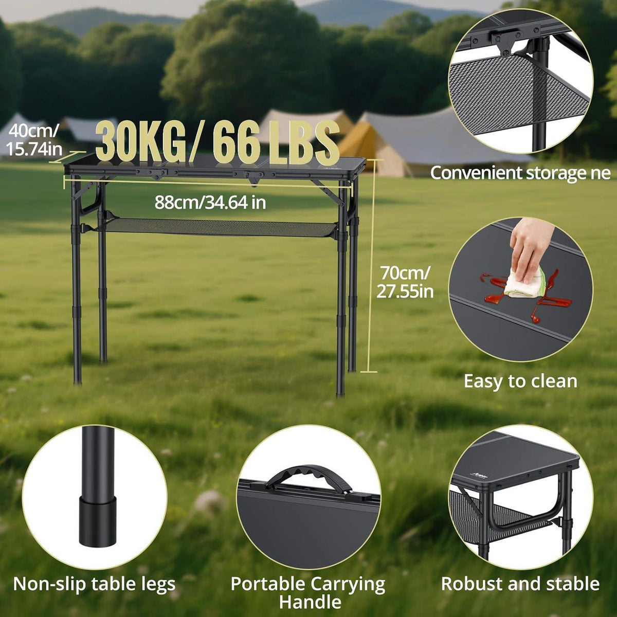 Klapptisch Aluminium 88x40cm 3 Höhen, mit Netz, Ganz Schwarz