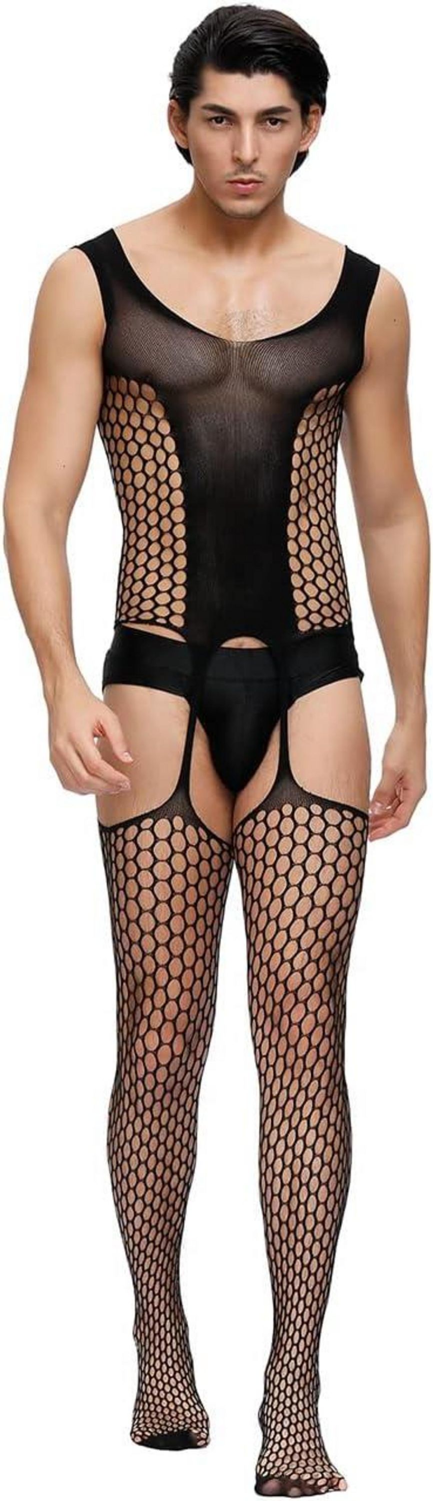 Sexy Ouvert Bodystocking Herren Spitze Schwarz Netz L-XXL