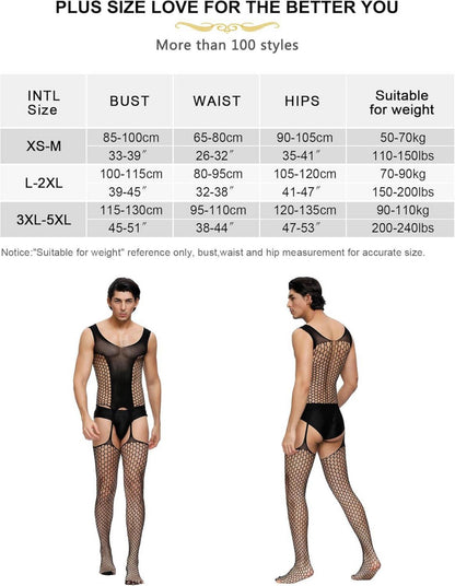 Sexy Bodystocking Ouvert Herren Große Größen Netz Schwarz L-XXL
