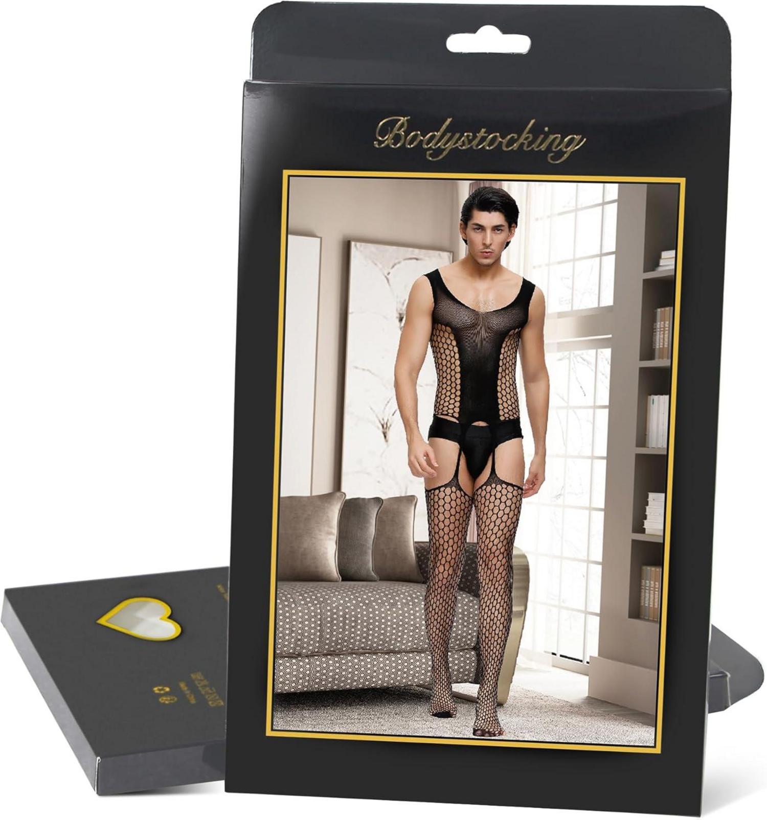 Sexy Herren Bodystocking Ouvert Große Größen Erotik Catsuit Schwarz L-XXL