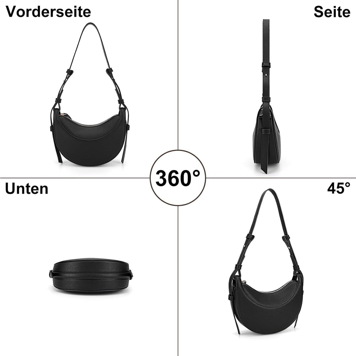 Halbmond Tasche PU Leder Crossbody Damen Umhängetasche Schwarz