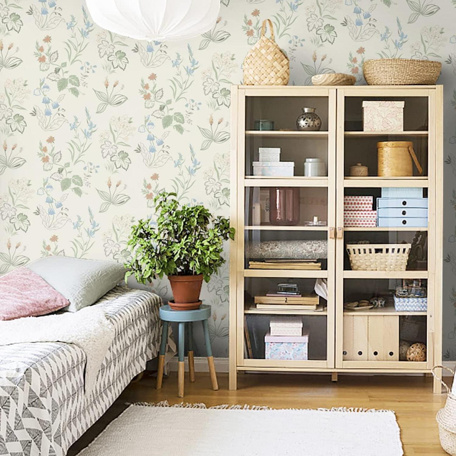 Selbstklebende Blumentapete 39×500cm Beige Grün Blumenmuster Vinyl Klebefolie