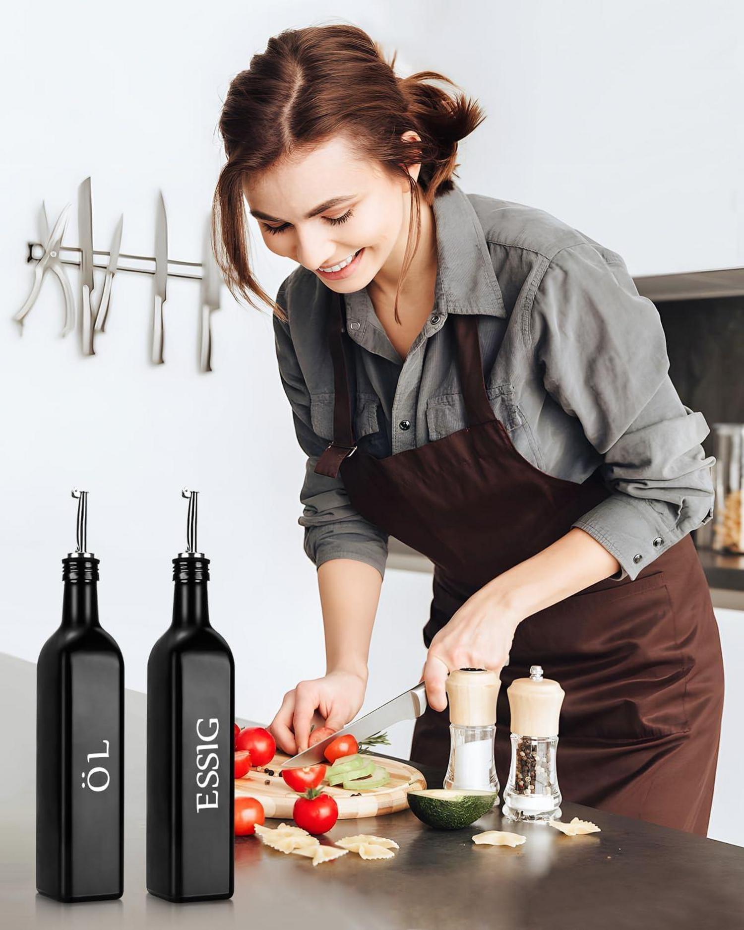Öl Essig Spender Set 500ML Glas Edelstahl Ausguss Schwarz