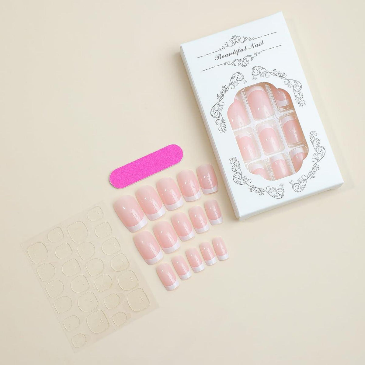 24 Stück Glossy Eckig Nägel Zum Aufkleben, Weiß & Pink, Künstliche Nägel Mittel