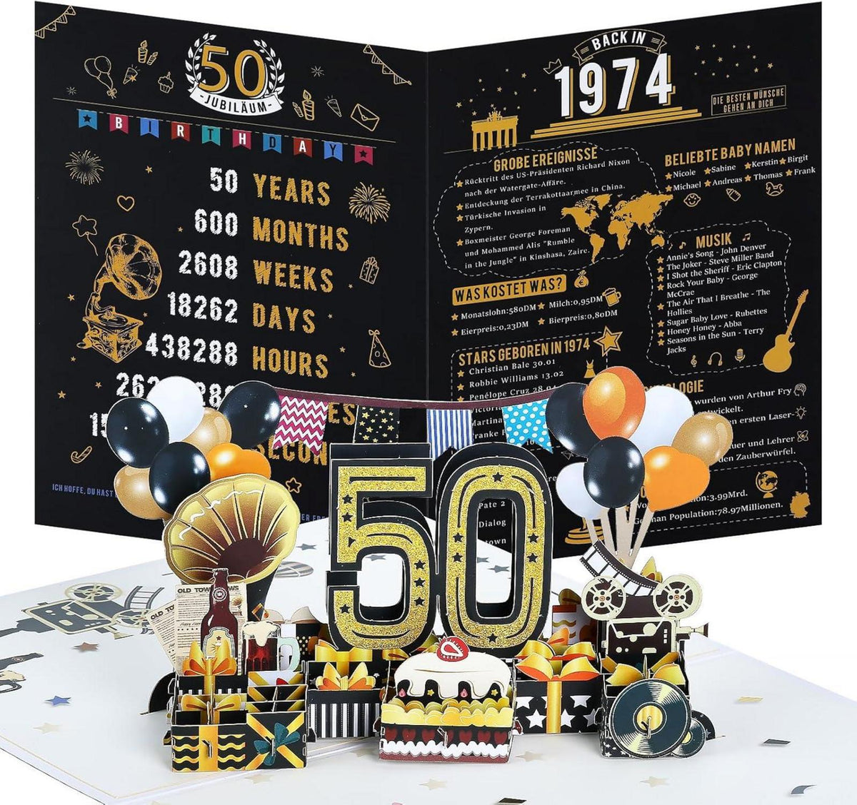 Geburtstagskarte 50 Jahrgang Retro 3D Pop Up Grußkarte Umschlag