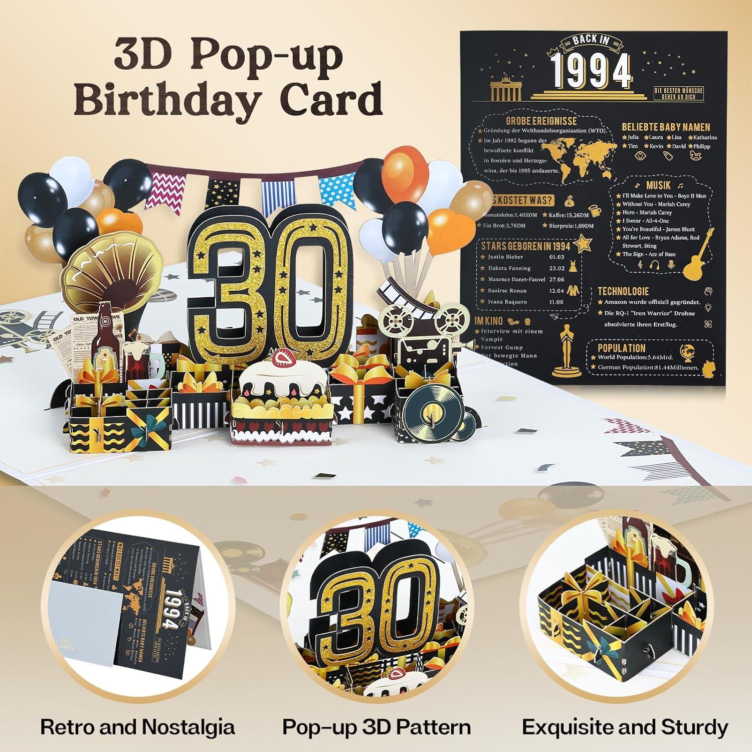 Joyoldelf 3D Pop Up Geburtstagskarte 30. Jahrgang Geschenk Umschlag