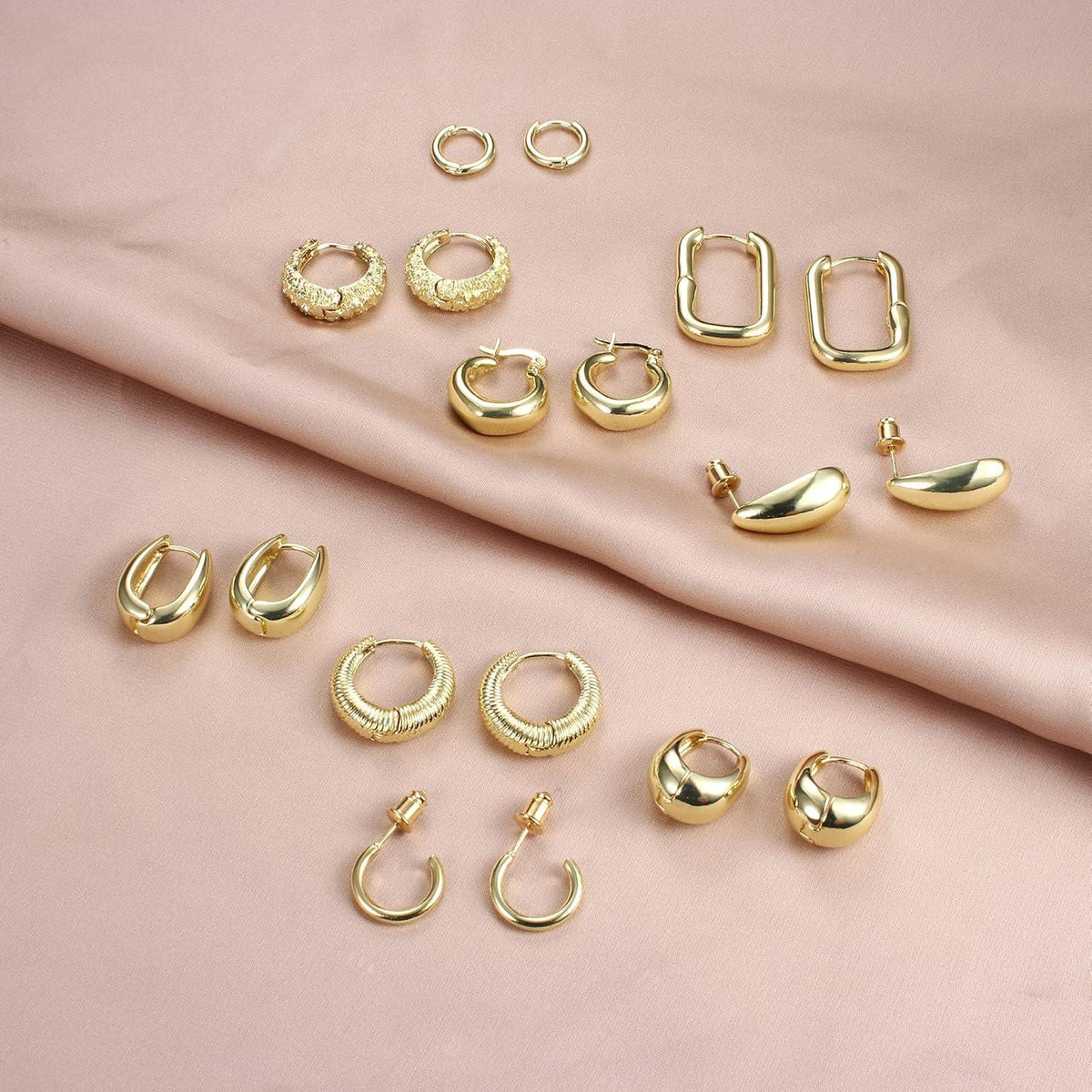 9 Paar Goldene Creolen Ohrringe Set Damen Mädchen 14K Vergoldet Chunky