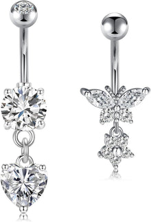 14G Bauchnabelpiercing Set Herz Schmetterling Zirkonia Silber Gold