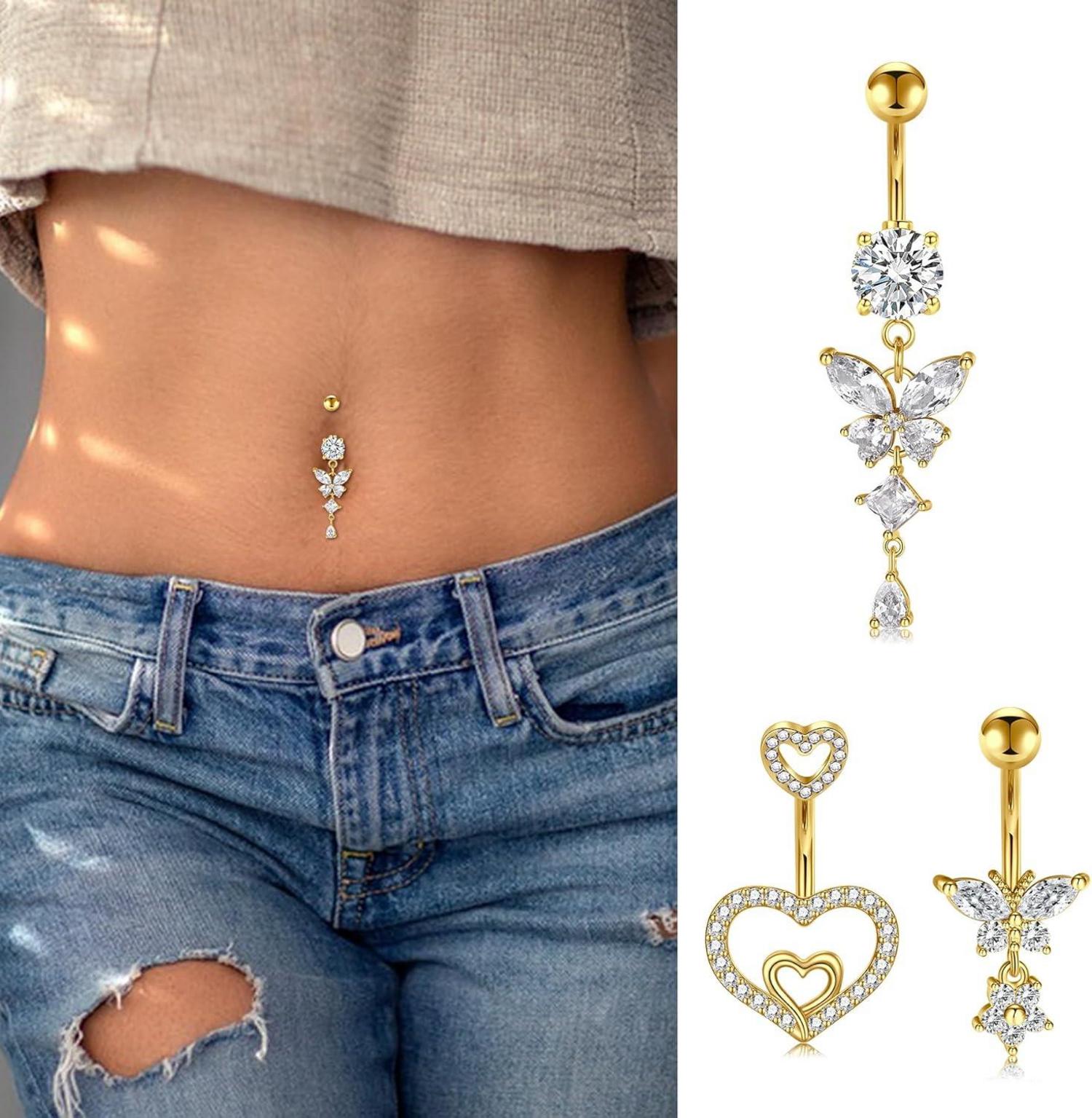 3er Bauchnabelpiercing Set Silber Gold Herz Schmetterling 14G 10mm Diamant