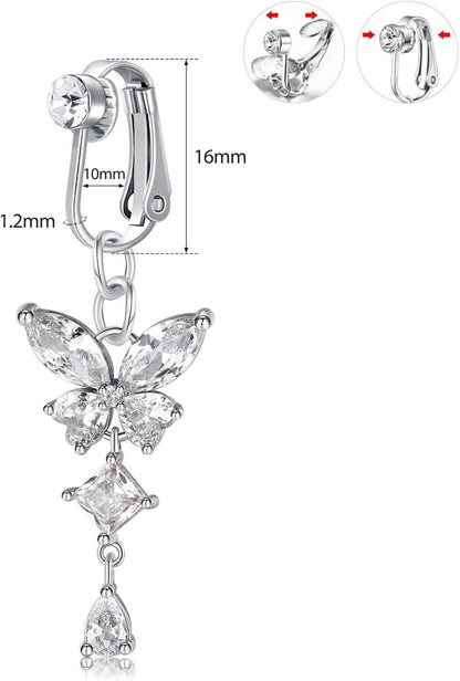 3er Set Fake Bauchnabelpiercing Silber CZ Herz Schmetterling