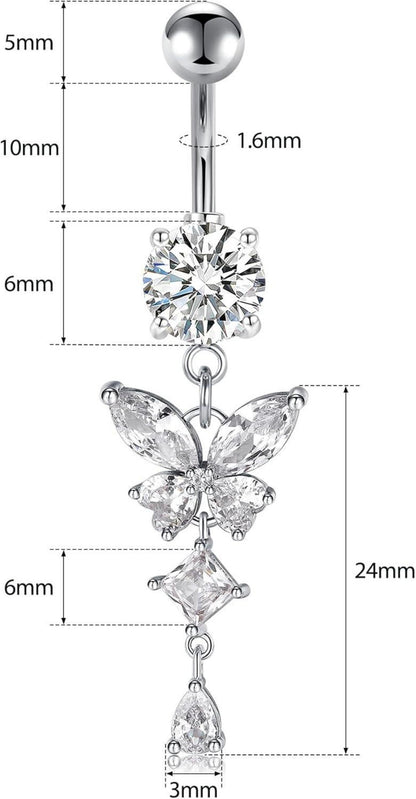 Bauchnabelpiercing Set Herz Schmetterling Diamant 14G Silber Gold