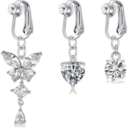 3 Stück Fake Bauchnabelpiercing Set Silber Lang Kristall