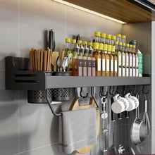Gewürzregal Schwarz Wand Hängend 10 Haken 2 Hängebecher 60cm