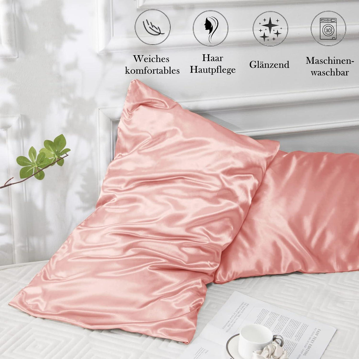 Satin Kissenbezug 40x80 Rosa 2er Set Haargummis