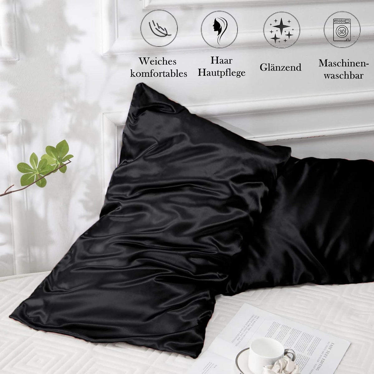 Satin Kissenbezug 40x60 Schwarz Set mit Haargummis - Weich & Pflegend