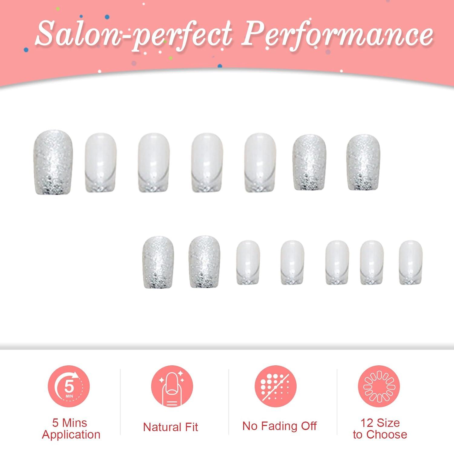 24er Set Press on Nails French Silber Glänzend für Frauen und Mädchen