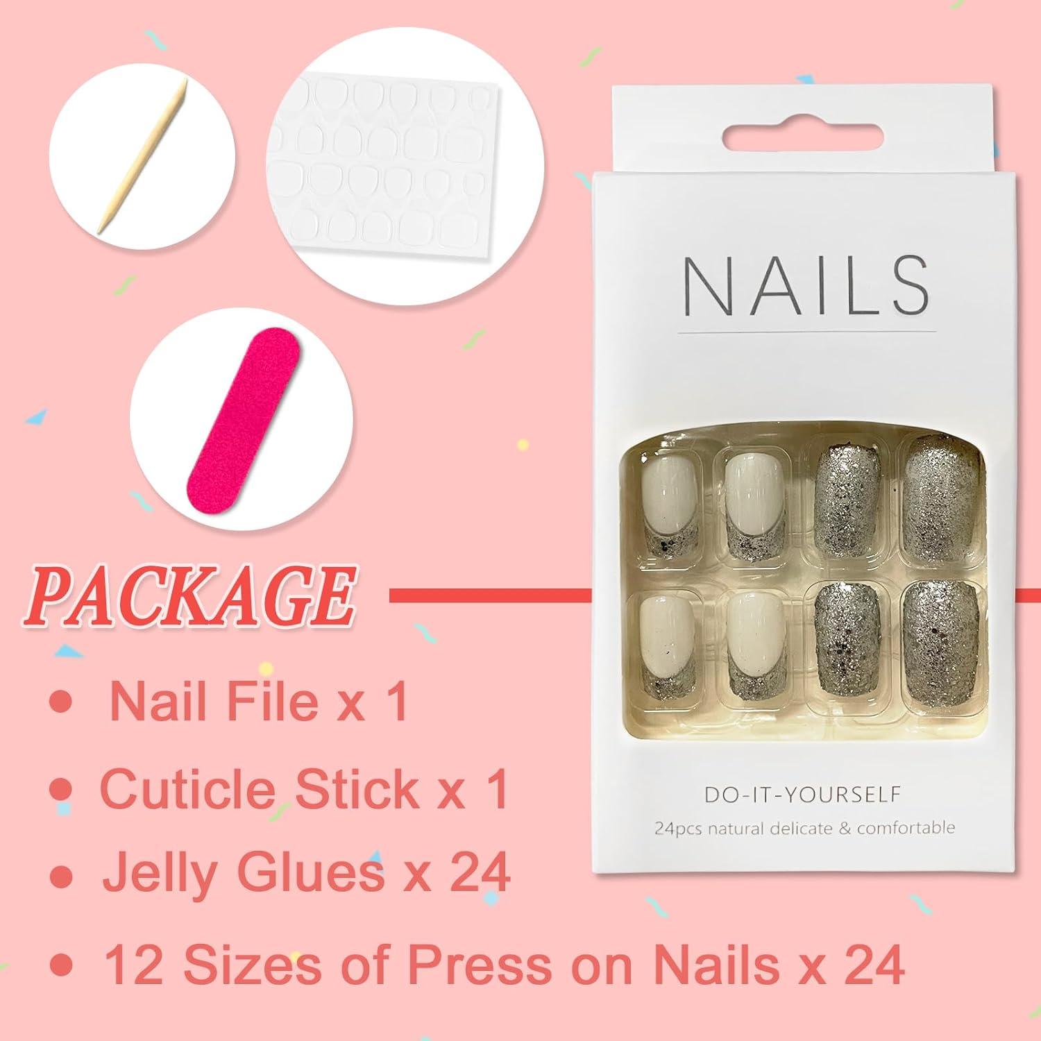 24er Set Silber Glänzend Eckige Press on Nägel Acryl Full Cover Magnetische