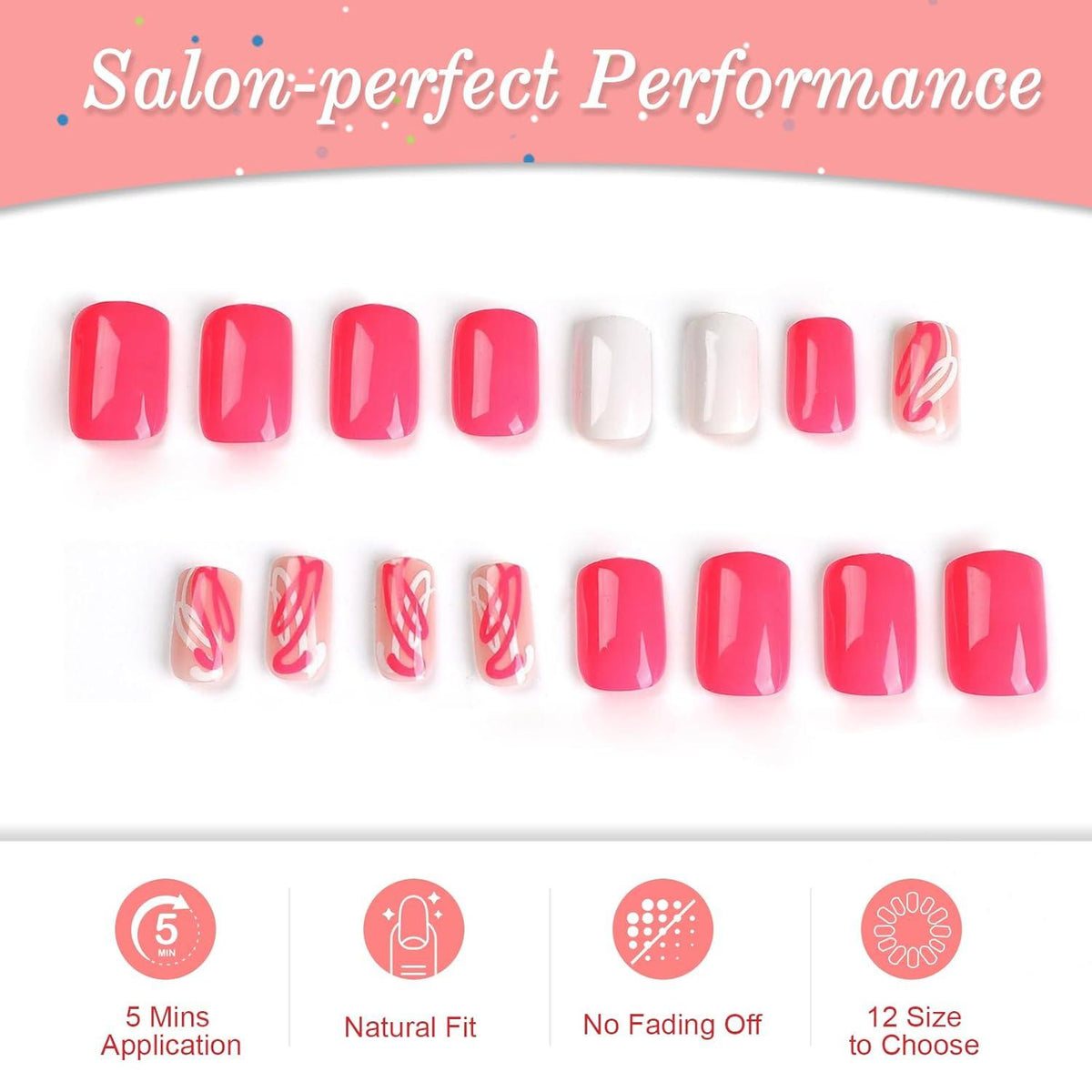 24er Set Rosa Weiß French Wellen Künstliche Nägel Für Frauen