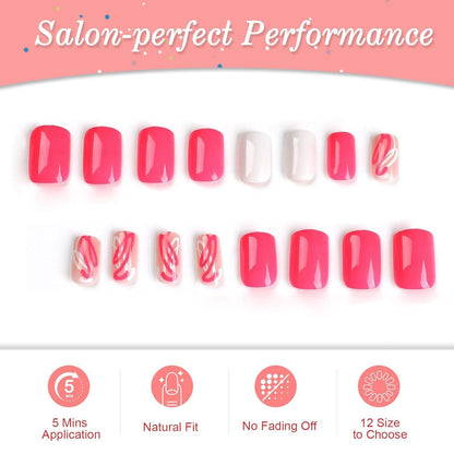 24er Set Rosa Weiß French Wellen Künstliche Nägel Für Frauen
