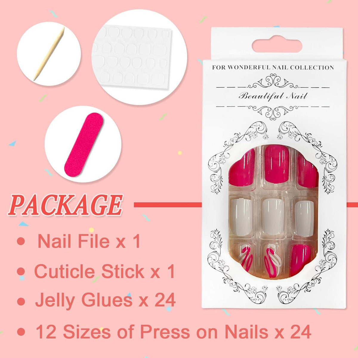 24 Stück Künstliche Nägel French Rosa Weiß - Acryl Full Cover incl. Kleber