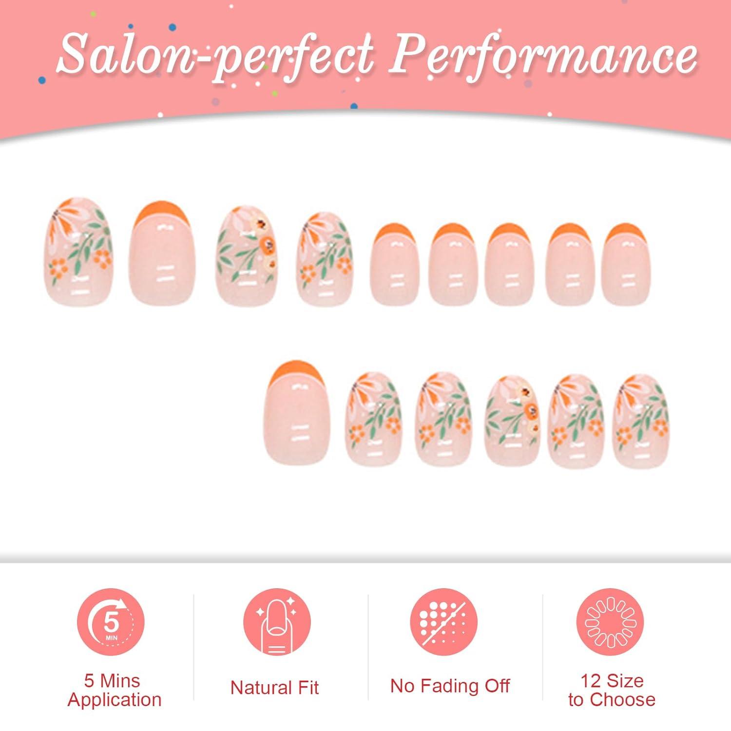 24 Stück Künstliche Nägel Orange Blumen Kunstnägel Press on Nails