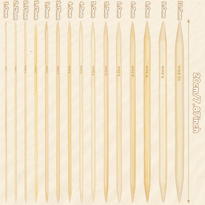 Bambus Stricknadeln Set 75 Stück Doppelspitzen Strickzubehör 20 cm Nadelspiel 2,0-10 mm