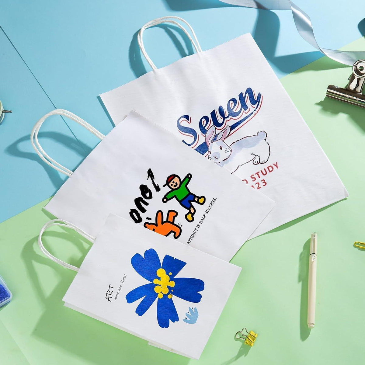 45 Papiertüten mit Henkel, Gemischte Größen, Weiß