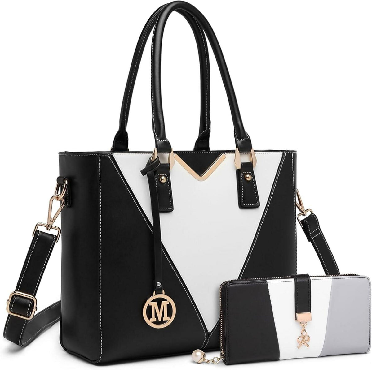 Schwarze V-Form Handtasche 2-teiliges Set Synthetische Ledertasche