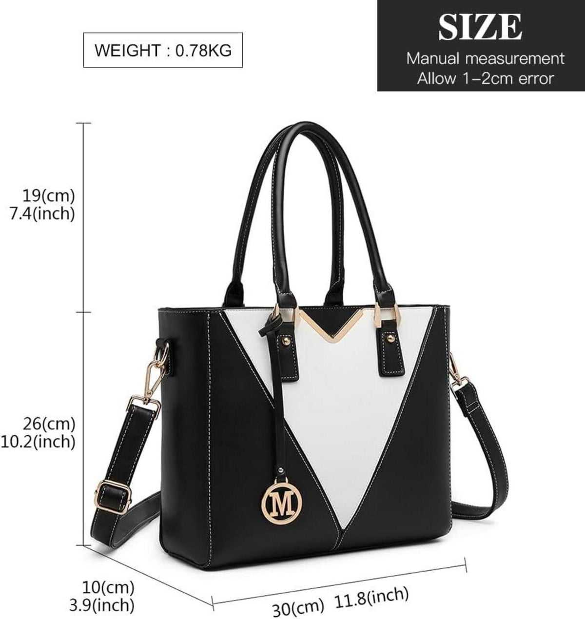 Schwarze V-Form Handtasche 2-teiliges Set Synthetische Ledertasche