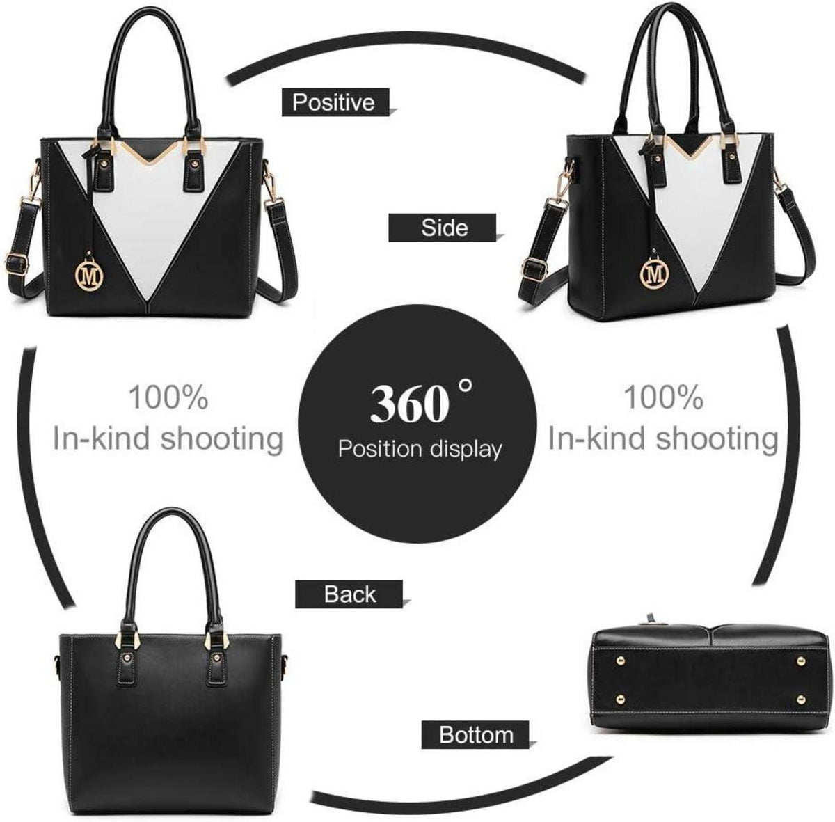 Miss Lulu Damen Handtasche Schultertasche Schwarz V-Design 2-teiliges Set