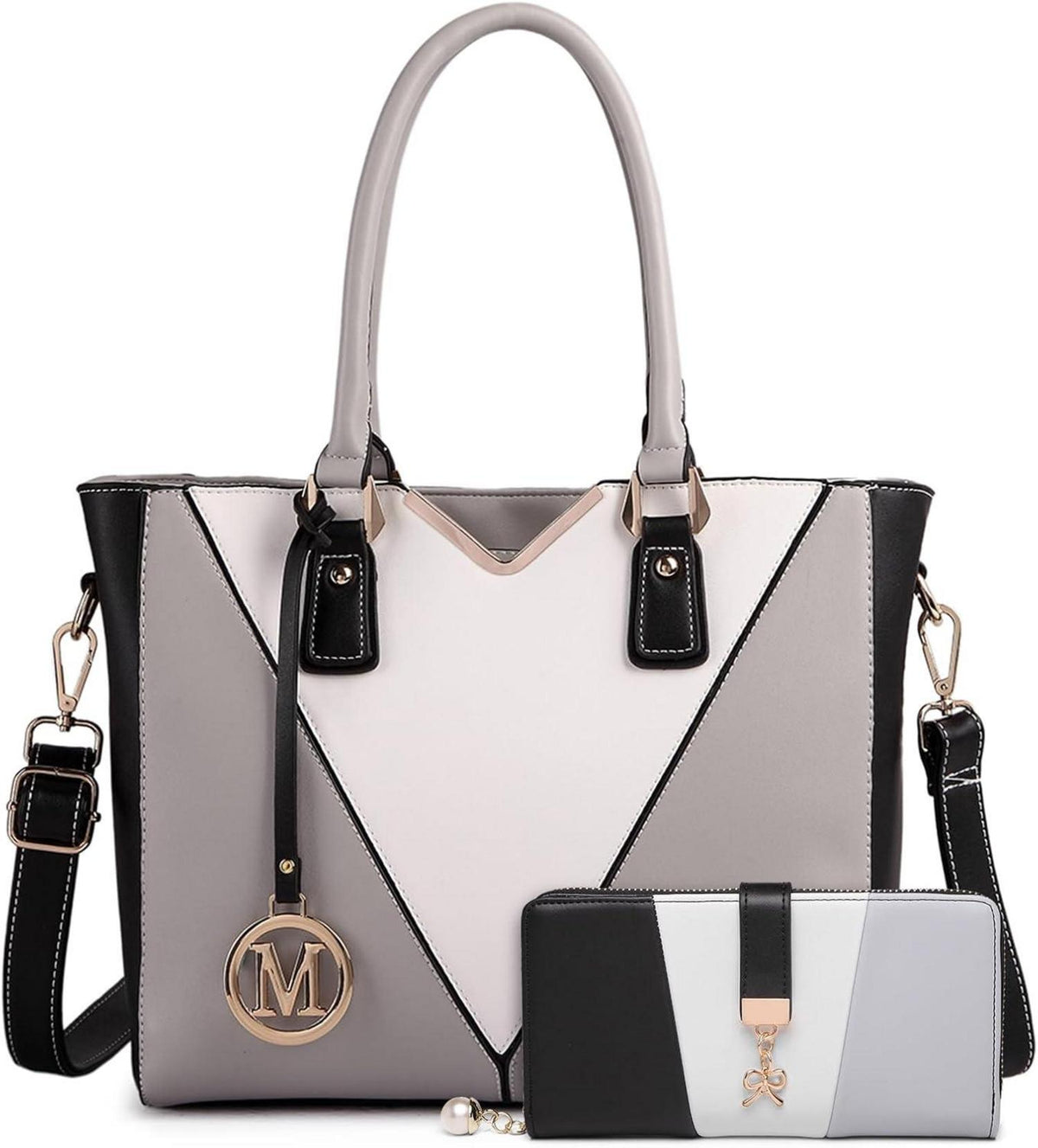 Damen Handtasche V-Form Schultertasche Shopper Grau Ledertasche 2-teiliges Set