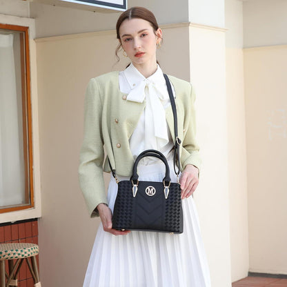 Damen Handtasche Mittelgroß Lychee Muster Schwarz PU-Leder