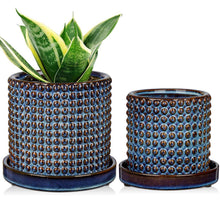 Keramik Blumentöpfe 2er Set blau mit Perlendesign