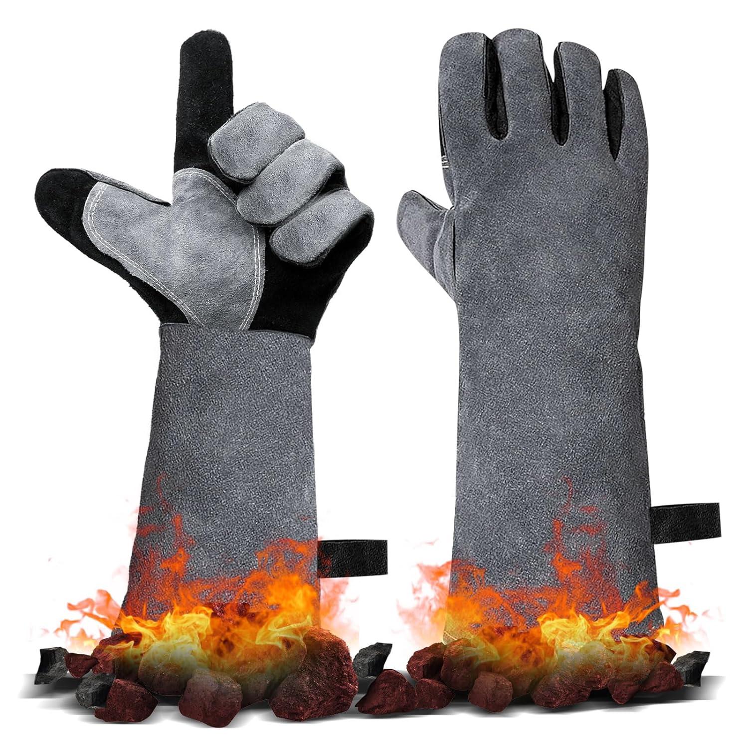 Hitzebeständige Leder Grillhandschuhe 40x20CM Grau-schwarzer 2er Set