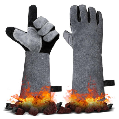 Hitzebeständige Leder Grillhandschuhe 40x20CM Grau-schwarzer 2er Set