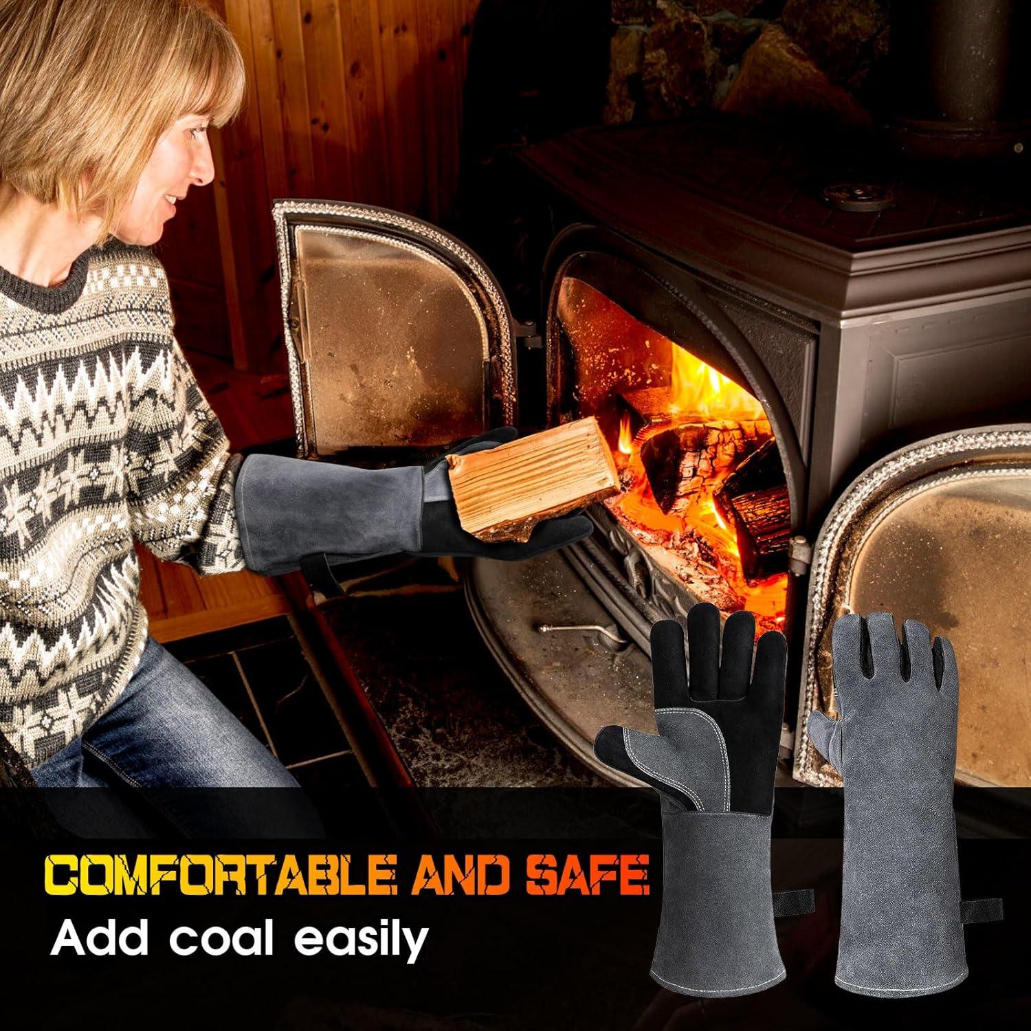 Hitzebeständige Leder Grillhandschuhe Kaminhandschuh 40x20CM Grau-schwarz 1 Paar