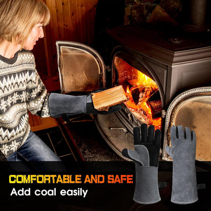 Hitzebeständige Leder Grillhandschuhe Kaminhandschuh 40x20CM Grau-schwarz 1 Paar