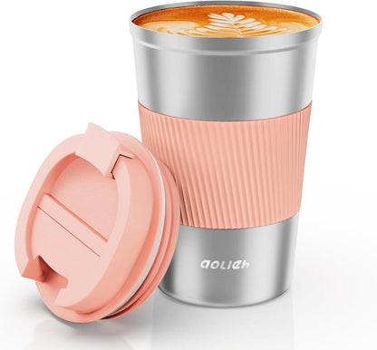 Thermobecher Auslaufsicherer Edelstahl Travel Mug 380ML Silber-rosa