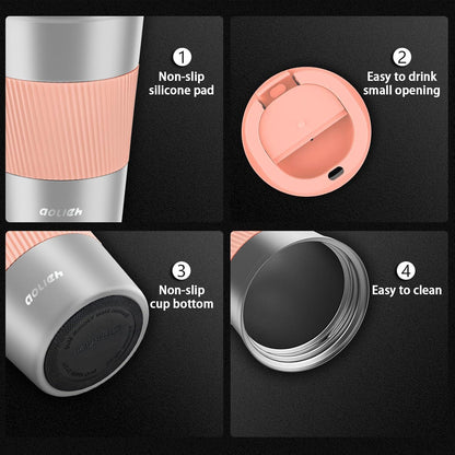 Aolieh Thermobecher Edelstahl Travel Mug Kaffeebecher to go 380ML Silber-rosa