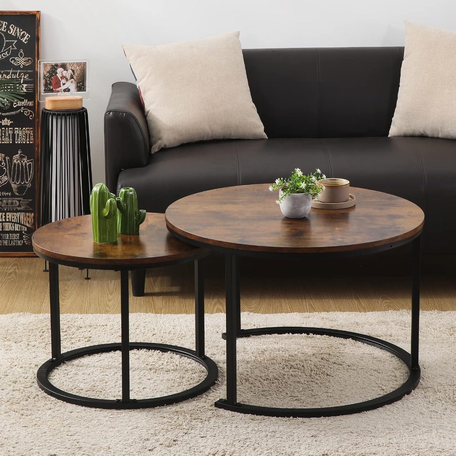 Runder Couchtisch Satztisch Holz Metallgestell Modern Braun