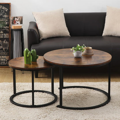 Runder Couchtisch Satztisch Holz Metallgestell Modern Braun