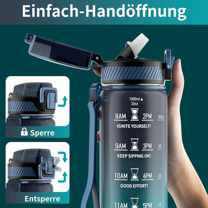 Trinkflasche 1L BPA-frei mit Strohhalm & Zeitmarkierung