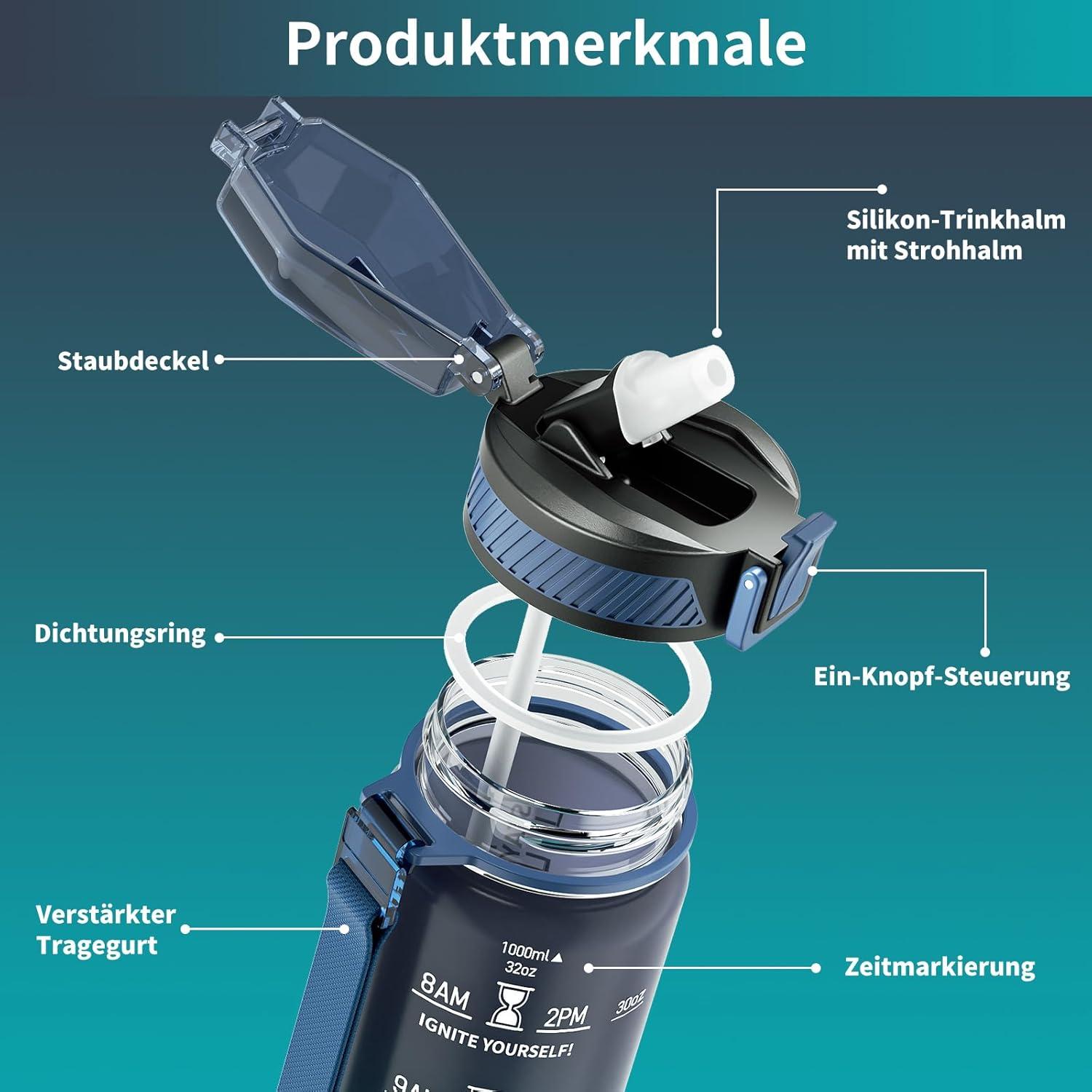 QLUR 1L Trinkflasche mit Zeitmarkierung Strohhalm BPA-frei Sportflasche Blau